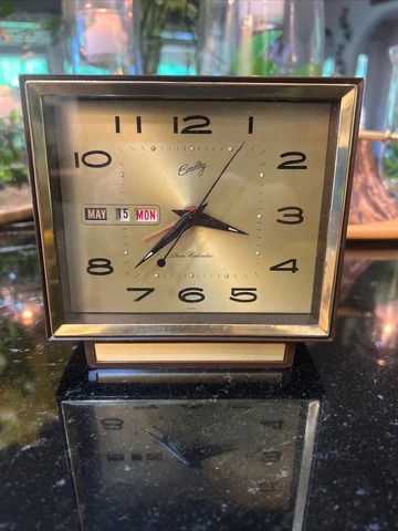 Vintage Bradley Rhythm Alarm Calendar Clock No. 51065 Japan MCM Retro Gold/Brown Cover