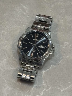 Seiko Solar Black Dial Silver Tone Stainless Steel Men's Watch SNE039 - Image 1 of 3