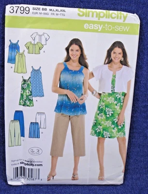 Simplicity Pattern 3799 Summer Dress Tunic Capri Shorts Jacket M-2XL Uncut - Image 1 of 2