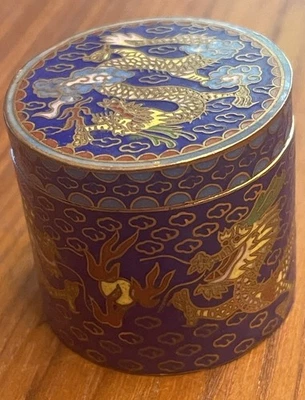 Antique Chinese Dragon Cloisonne Blue Champleve’ Enamel Tea Canister Jar - Image 1 of 4
