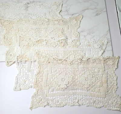 Antique Needle Lace Placemats 4 Cream Handmade 15x9" Doilies Dresser Scarf Flaws - Image 1 of 4
