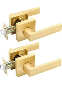 Passage Hallway Closet Door Lever Door Handle Lockset Square Satin Brass 2 Pack - Picture 1 of 8