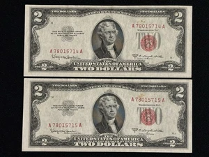 Lot of (2) UNCIRCULATED CONSECUTIVE SERIAL # 1953-C $2 Red Seals - Picture 1 of 11