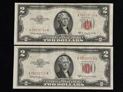 Lot of (2) UNCIRCULATED CONSECUTIVE SERIAL # 1953-C $2 Red Seals - Image 1 of 4