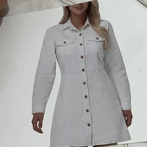 Neu mit Etikett Frye Damen Denim Minikleid Größe XL Knochen cremeweiß Knopf, Taschen, Herbst - Bild 1 von 9