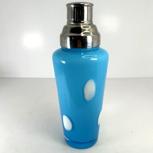 Coctelera vintage vidrio artístico soplado azul blanco lunares St tapa de acero brillante - Imagen 1 de 8