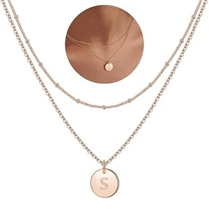 Initial S Necklace Rose Gold 2 x Layered Necklaces Engraved Nickle Lead FREE - Picture 1 of 8