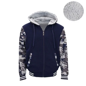 Men's Sherpa Lined Fleece Hoodie Jacket Camo Sleeve Zip Up Warm Winter Jumper - Picture 1 of 21