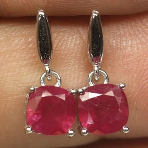 925 Sterling Silver 6 x 6 mm. Red Ruby Earrings White Gold Plated - Picture 1 of 4