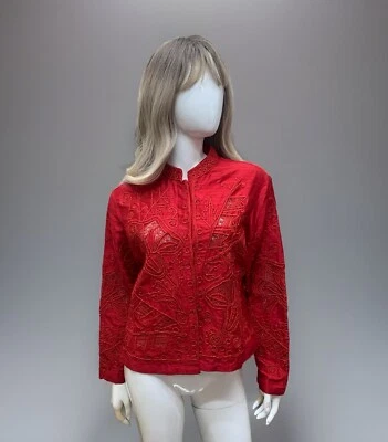 Chaqueta Blazer Norm Thompson Mujer Seda Talla PM Roja Bordada Artística Oriental Foto 1 de 4