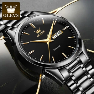 Men's Wrist Watch Steel Band Quartz Calendar Watch Waterproof Gold Black - Picture 1 of 17