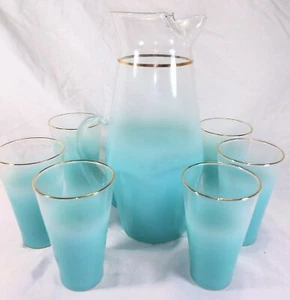 VTG MCM 7 Pieces FROSTED Aqua Blue Turquoise GLASS PITCHER 6 Tumblers Gold Trim - Picture 1 of 7