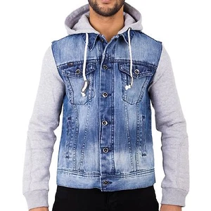 MENS HOODY HOODED DENIM JACKET STONEWASH JERSEY SLEEVES S M L XL 2XL 3XL 4XL JSE - Picture 1 of 4