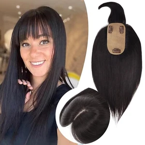 Hair Topper for Women With Bangs Real Human Hair for Thinning 10" Natural Black - Picture 1 of 5