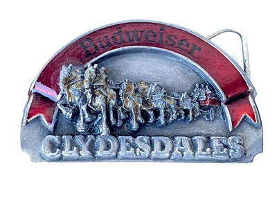 VTG 1989 Budweiser Bergamont Clydesdales Belt Buckle H-175 Red Enamel Background - Image 1 of 4