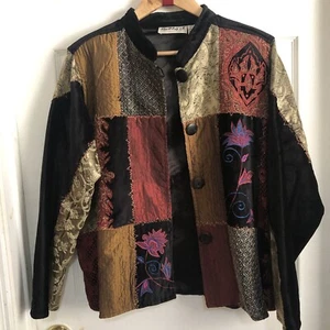 Vintage Flashback Patch Work Velvet Button Front Jacket Pockets Size L Pre-Owned - Picture 1 of 10