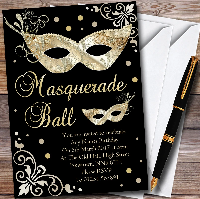 Gold & Black Masquerade Ball Personalised Party Invitations - Image 1 of 1