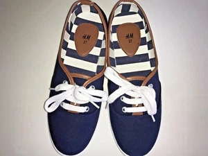 H&M Light Weight Navy Canvas Lace-up Shoes with Tan Trim - Size 37. Like New - Picture 1 of 7
