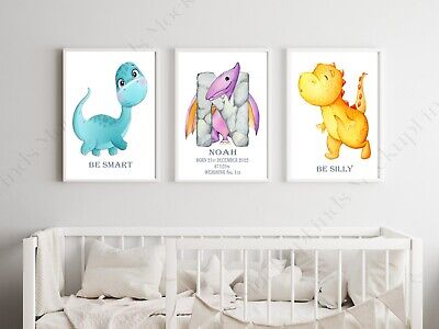 Dinosaur Nursery Prints Set, Baby Kids Room Dinosaurs Pictures Wall Art Decor • 8.99£