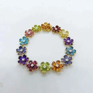 14K Gelbgold plattiert 9,55 Karat Multi-Edelstein & Diamant Blume 7" Armband - Bild 1 von 8