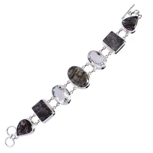Natural Black Rutile Quartz Green Amethyst Bracelet 925 Sterling Silver Jewelry - Picture 1 of 3