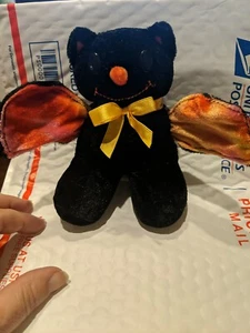 Black Bat Plush with Tie Dye Wings Ears Nose, Yellow Ribbon by Dan Dee - Imagen 1 de 4