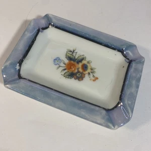 Ashtray Vintage Blue Pearlescent Rim Floral Made In Japan 3”x2” - Picture 1 of 6