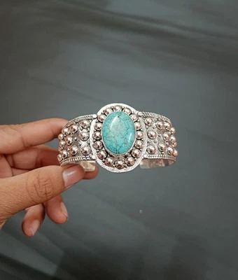 Hermoso Brazalete de Regalo Ajustable de Plata de Ley con Gemas Turquesa de Cobre Foto 1 de 4
