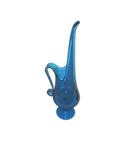 Vintage LE Smith Simplicity große 16" hoch Kunstglas geschwungene Vase Krug Pfau blau - Bild 1 von 14