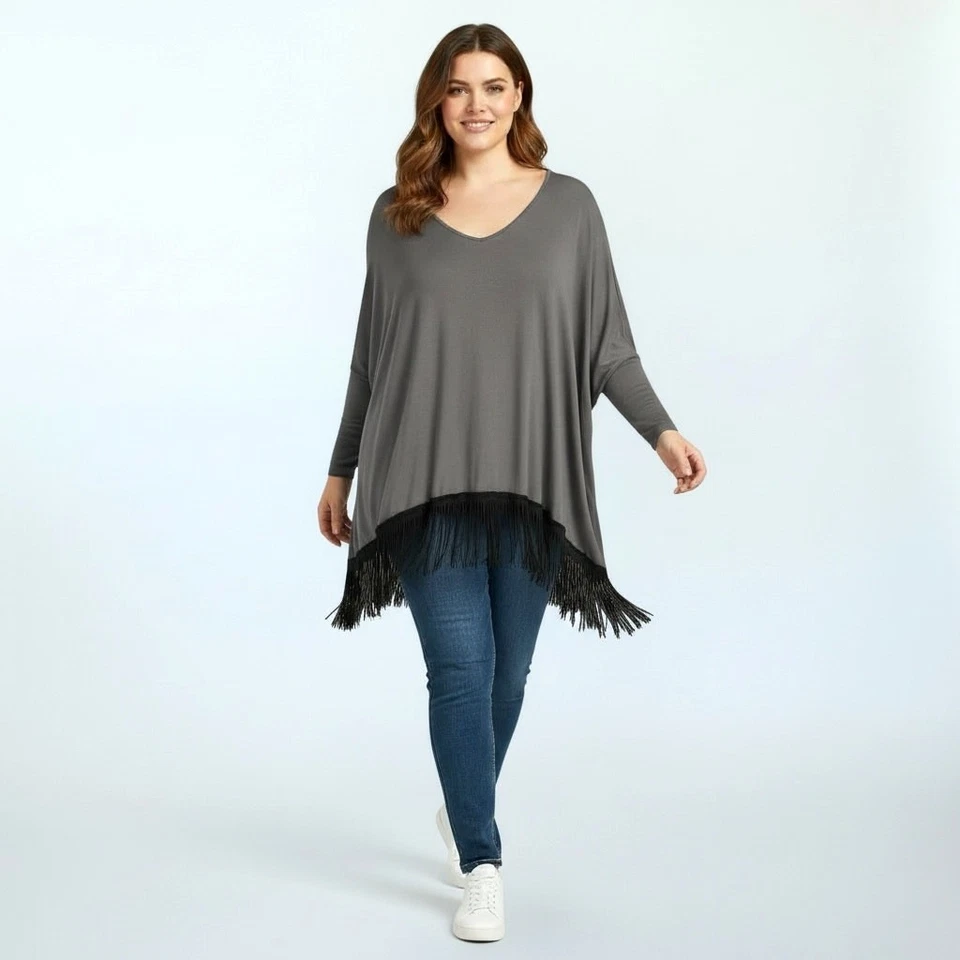 Top túnica para mujer CHATOYANT gris pizarra con flecos 3X Western Whimsigoth Rodeo Foto 1 de 4