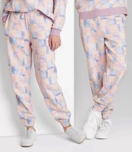 Wild Fable High-Rise Fleece Jogginghose rosa / blau kariert Gr. S Teens & Erwachsene - Bild 1 von 10