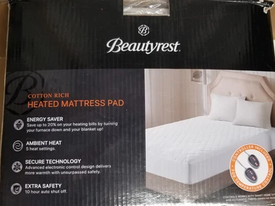 Beautyrest Cotton Rich Heated Mattress Pad, SIze Queen, White. - Image 1 of 4