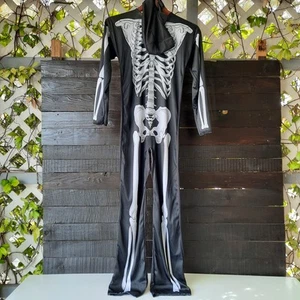 Kinder Skelett Halloween Kostüm mit Kapuze Large 12/14 schwarz weiß Langarm A6 - Bild 1 von 8