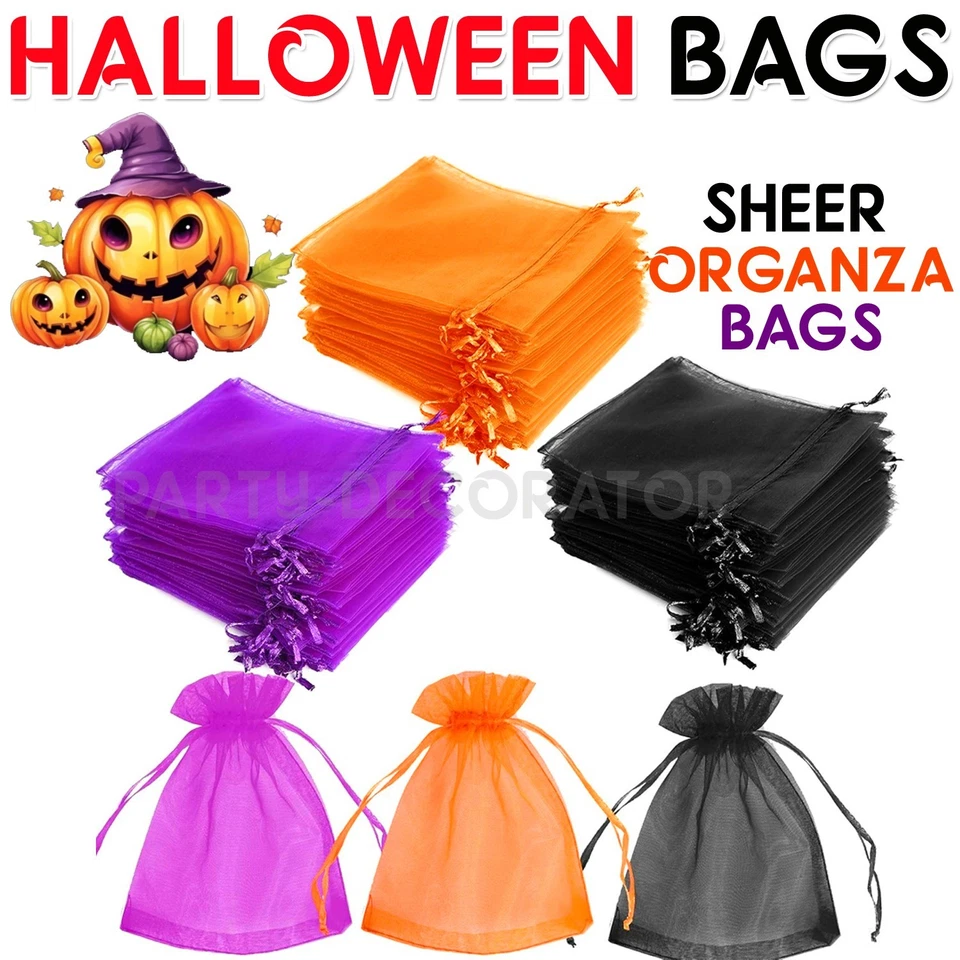 100pk Halloween Party Organza Bags Kids Trick Treats Party Favour Gift Bags UK - Image 1 of 1
