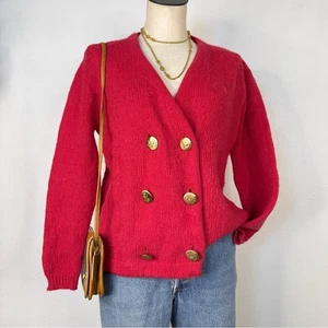 Cárdigan Suéter Vintage Años 50 60 Lana Roja Mohair Doble Pecho Dorado Botón - Imagen 1 de 7