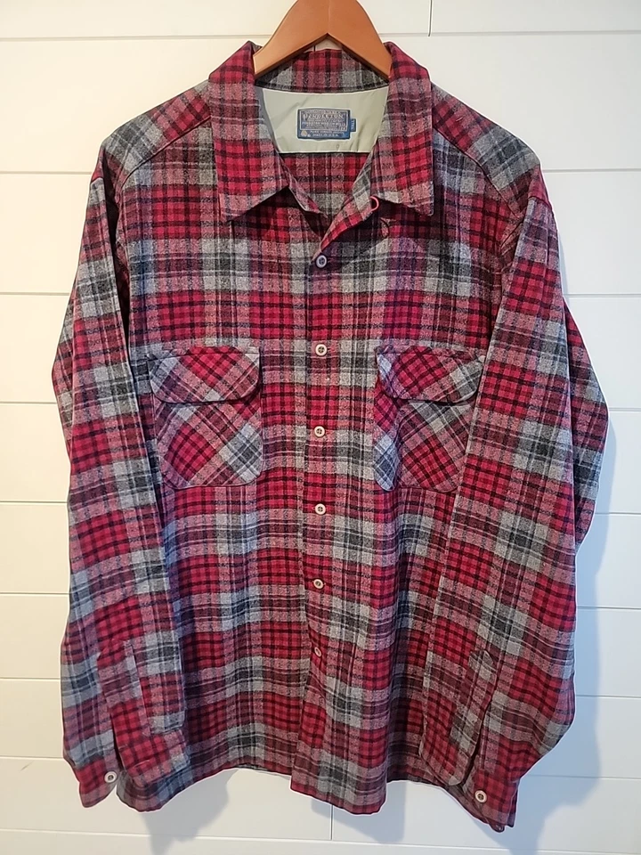 Camisa de Tablero Pendleton De Colección Cuello Lazo Para Hombre XXL 100% Lana Hecha en EE. UU. Gris Rojo Foto 1 de 4
