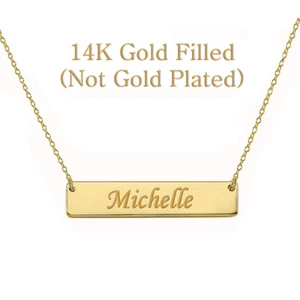 Personalized Name Bar Necklace 14K Gold Filled Custom Engraved Name or Date - Picture 1 of 1