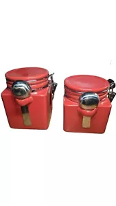 Oggi EZ Grip Red Ceramic Canister Set 2 Pantry Jars 2 Spoons Airtight Lids - Picture 1 of 7