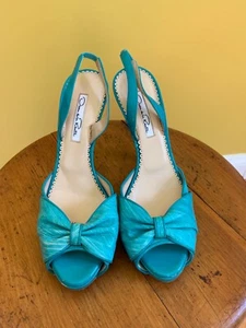 Oscar de la Renta turqoise patent leather platform slingback sandals size 38, US - Picture 1 of 8