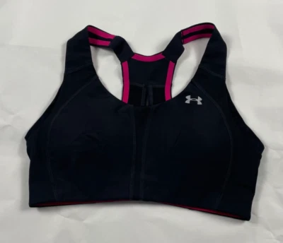 Women's Under Armour Sports Bra Size 32C 32 C Black Pink Padded Racerback #349 - Image 1 of 3