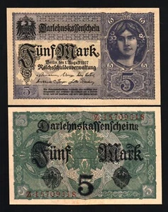 GERMANY 5 MARKS P-56 1917 x 100 Pcs Lot BUNDLE LOAN MONEY UNC GERMAN BANK NOTE - Picture 1 of 3