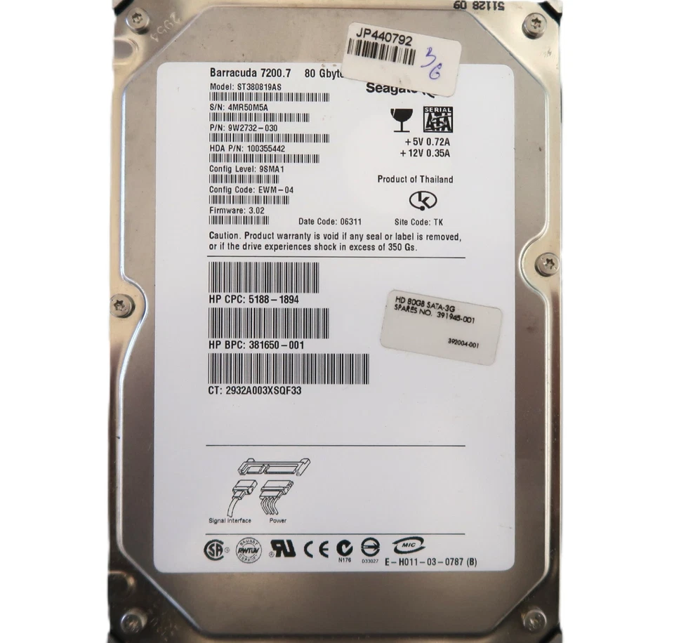 Seagate ST380819AS 9W2732-030 100355442 9SMA1 EWM-04 3.02 TK 3.5" 80gb 01/2006 - Image 1 of 1