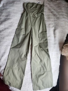 ZARA WIDE-LEG TECHNICAL FABRIC JUMPSUIT LIGHT KHAKI/green Sz M NWT - Picture 1 of 16