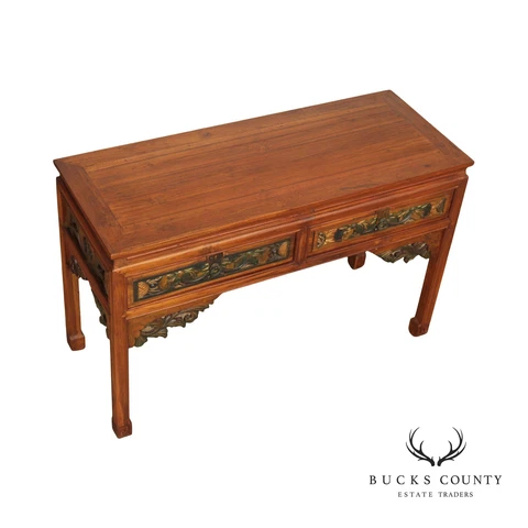 Asian Hardwood Carved Two-Drawer Console Table Cover