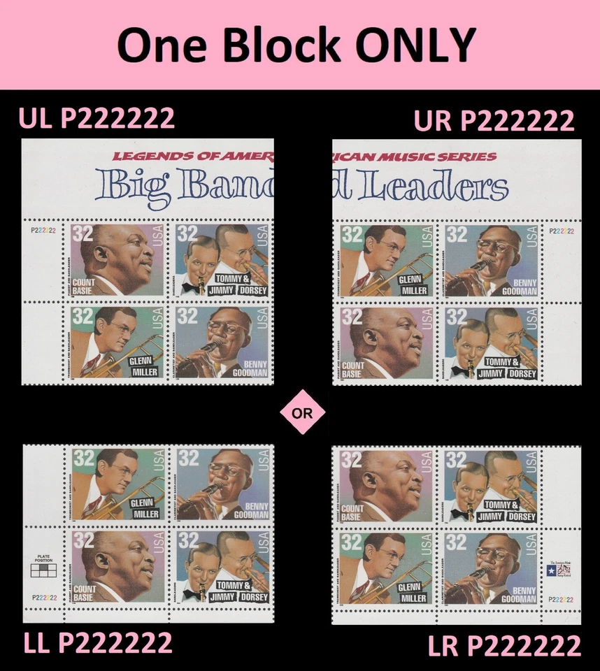 US 3096-3099 3099a Big Band Leaders 32c plate block 4 P222222 MNH 1996 - Image 1 of 1