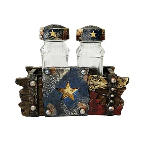 Texas Lone Star Flag Salt & Pepper Shaker Set with Holder Caddy - Rustic Country - Picture 1 of 3