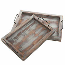 Torched Brown Wood Serving Trays w/ Handles, Rectangular Breakfast Tray