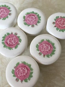 Vintage Salvage White Ceramic Pink Rose Drawer Pulls Qty Of 7 - Picture 1 of 12