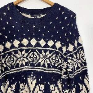 LANDSEND Vintage Knitted Jumper Wool Blend Norway Chunky Knit Blue Cream Size M - Picture 1 of 7