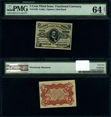 FR. 1236 5 c. 3rd Issue Fractional Note Red Back Choice PMG CU64 NET - Image 1 of 3
